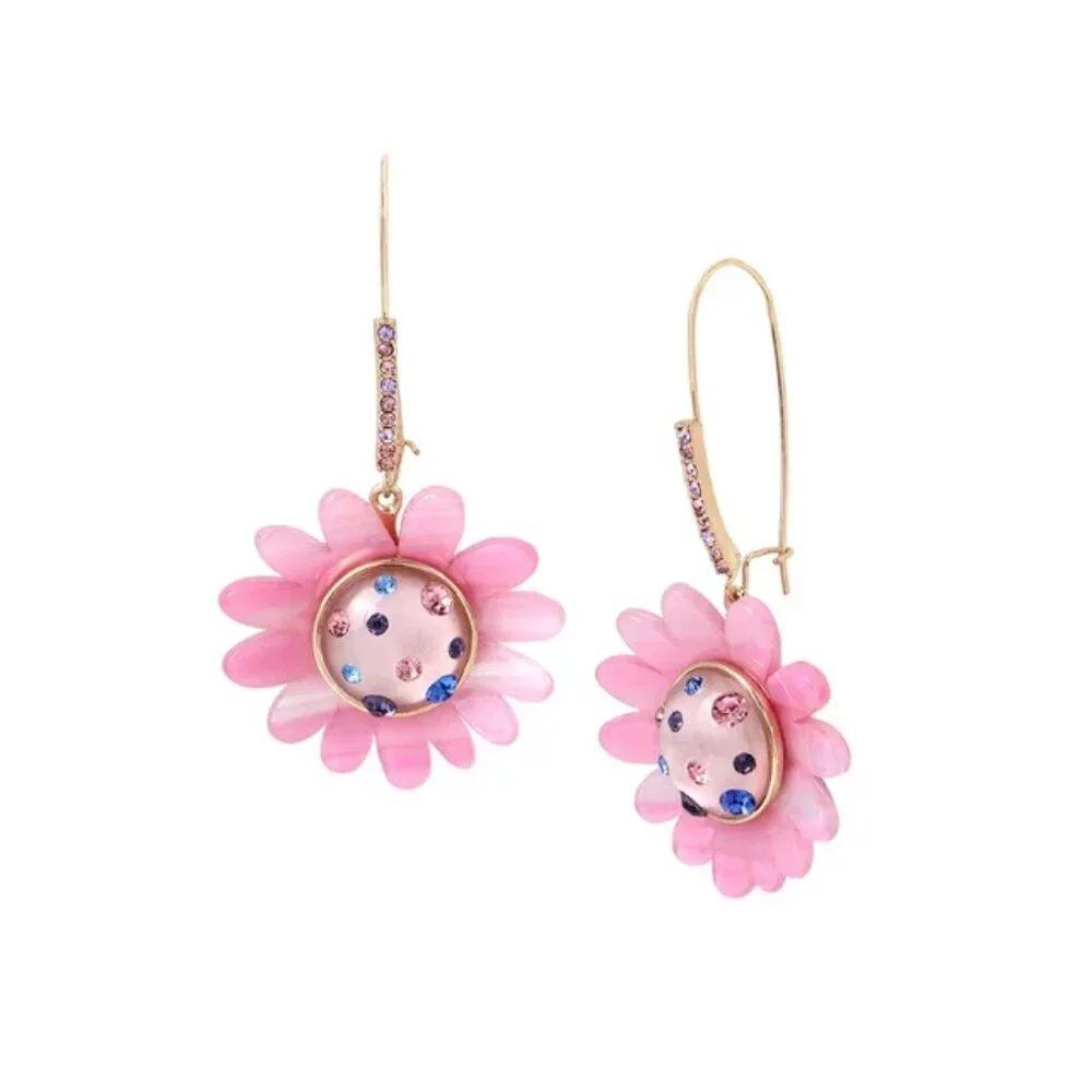 Betsey Johnson Daisy Shepard Hook Earrings Crystals Pink NWT